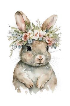 a watercolor painting of a rabbit wearing a flower crown on its head and sitting down