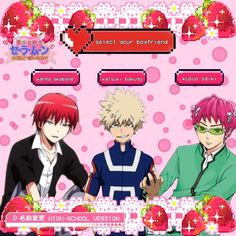 two anime characters sitting next to each other in front of a pink background with hearts