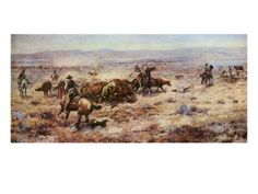 an oil painting of cowboys on horses in the desert with cattle and men behind them