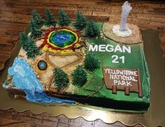 a cake that is shaped like a map with the name megan 21 on it