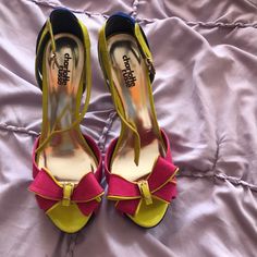 Charlotte Russe Pink/Lime Green/Blue/Black Sandals, Size 8, Approximately 5 Inches Of Heel Length, Never Worn, No Original Packaging Yellow Party Sandals With 4-inch Heel, Yellow Summer Evening Heels, Chic Yellow Sandals For Parties, Yellow Open Heel Sandals For Party, Yellow Evening Sandals For Spring, Yellow Sandals With 4-inch Heel For Summer, Yellow Sandals For Spring Party, Yellow Open Heel Synthetic Sandals, Yellow Open Toe Heels With 4-inch Heel