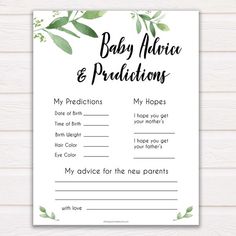 a baby advice card with green leaves on it