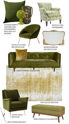 green couches and chairs with text describing the different styles