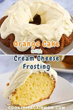 orange cake with cream cheese frosting is on a white plate next to a piece of cake