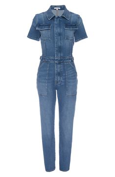 Get to work in this utility jumpsuit designed in a casual-cool wash with abbreviated sleeves and straight legs. 54 1/2" length; 27 1/2" inseam, 13" leg opening (size 3) Spread collar Short sleeves 72% cotton, 25% recycled cotton, 2% polyester, 1% elastane Machine wash, tumble dry Made in Turkey Black Owned and Founded