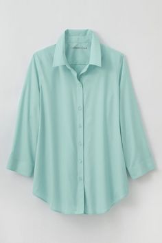 With no ironing needed, this 3/4-sleeve shirt is a carefree—and indispensable—choice. Great tucked in or not, reinforced placket. | Women's No-Iron 3/4-Sleeve Shirt Top - Pale Gardenia - 20W French Blue, Mellow Yellow, Coldwater Creek, White Shirts, Petite Size, Cuff Sleeves, Shirt Top, Shirt Sleeves, Fashion Pants