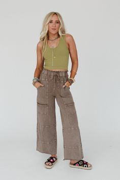 You loved our Lucky One Wide Leg Pant so much that we're excited to launch them in full length for this season, the Lucky One Wide Leg Full Pants are a versatile wardrobe staple that you'll reach for again and again! You'll love the laid back vibe of these stylish pants because they feature: Comfortable, mineral - washed, knit fabric Wide leg, full length silhouette for a relaxed look Elastic drawstring waist for the perfect fit Side, back, and cargo style pockets Exposed seams with raw edges th Boho Essentials, Bralette Outfit, The Lucky One, Exposed Seams, Stylish Pants, Versatile Wardrobe, Comfy Pants, Cargo Style, Wide Leg Pant