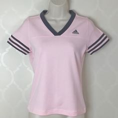 Adidas Classic Top Features V-Neck Soft Pink With Gray Trim 3-Stripe On Short Sleeves Super Soft Armpit To Armpit 17” Waist 15” Length 22” All Measurements Taken Laid Flat Nwot Never Worn! Sporty Striped V-neck Top, Spring Striped Sports Tops, Pink V-neck Athleisure Top, Pink V-neck Sports Top, Adidas Sporty V-neck Tops, Adidas Pink Sports Top, Gray Trim, Adidas Classic, Grey Trim