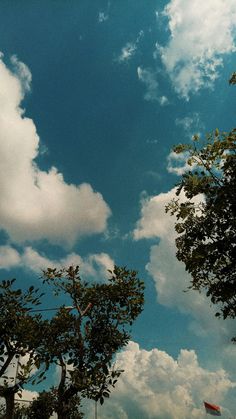 there is a kite flying high in the sky above some trees and people walking on the sidewalk