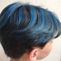 Men Blue Hair Color, Men Blue Highlights Hair, Brunette Hair Blue Highlights, Dyed Tips Short Hair Men, Hair Dye Short Hair Men, Man Hair Color Ideas, Blue Hair On Men, Dyed Hair For Men