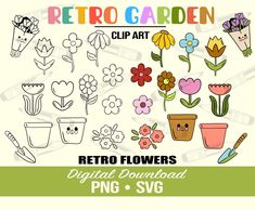 retro flowers digital clipart set