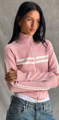 Pink Zip Through Jacket | Talisa – motelrocks-com-us Aesthetic Fairycore, Sporty Jacket, Mode Grunge, 2000s Vintage, Vintage Grunge, Mode Inspo, Knit Hoodie, Grunge Style, Slim Fit Shorts