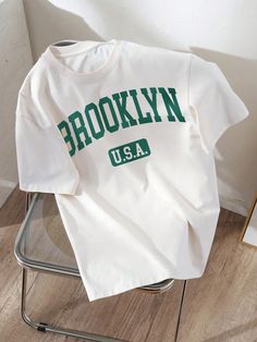 White Casual Collar Short Sleeve Knitted Fabric Letter  Embellished Slight Stretch  Teen Boys Clothing Teen Boy Outfits, Shirts For Teens, Usa Print, Sport T-shirts, Trendy Tshirts