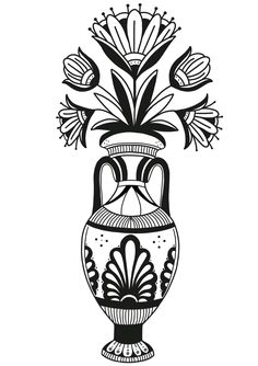 a black and white drawing of a vase with flowers in the bottom, on a white background