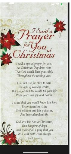 a christmas prayer with poinsettis on the front and back of it,