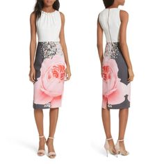 A Sinuous Sheath With A Chic Two-Piece Look Turns Heads With A Fanciful Print Featuring An Explosive Rose Blossom Layered Over Clusters Of Ornate Jewels. Another Twist On The Jewel Motif: Bold, Pearly Beads Are Nested Into The Pleated Neckline. 44" Length (Size 3) Exposed Back-Zip Closure Embellished Jewel Neck Sleeveless Back Vent Lined Bodice 100% Polyester Bodice With 92% Polyester, 8% Elastane Skirt Tb Size: 1 Color: Natural, Grey Brand New With A Tag Attached. No Flaws, Rips, Or Damage. Elegant Embellished Midi Dress For Garden Party, Fitted Embellished Midi Dress For Garden Party, Embellished Fitted Midi Dress For Garden Party, Luxury Multicolor Fitted Floral Dress, Fitted Jacquard Midi Sleeveless Dress, Luxury Sleeveless Floral Print Halter Dress, Luxury Multicolor A-line Midi Dress, Ted Baker Dress Floral, Pleated Neckline