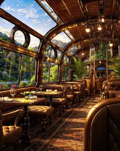 the inside of a train car with lots of windows and seating on each side, looking out onto mountains