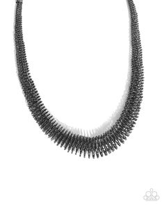 Spanning from glistening gunmetal cap fittings, whimsically woven pieces of gunmetal gradually increase in size, coalescing below the neckline for a trendy, trenchant display. Features an adjustable clasp closure. Sold as one individual necklace. Includes one pair of matching earrings. Black Jewelry Necklace, Acrylic Necklaces, Wooden Bracelet, Wooden Necklace, Paparazzi Accessories, Anklet Bracelet, Seed Bead Necklace, Black Necklace, Seed Bead Bracelets