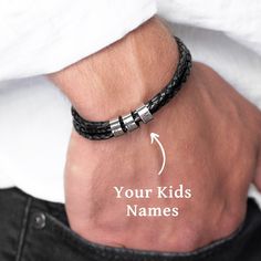 "Introducing the perfect gift for any proud dad - our personalized leather bracelet! Handcrafted with premium leather and adorned with sleek silver beads, this bracelet exudes a timeless, masculine charm. Each silver bead is intricately engraved with the names of your beloved kids, creating a heartfelt and meaningful keepsake. With its adjustable clasp, this bracelet ensures a comfortable fit for every wrist size. Showcasing the love and bond between a father and his children, this personalized Father's Day Silver Leather Bracelet Gift, Father's Day Gift Silver Leather Bracelet, Father's Day Silver Leather Bracelet, Father's Day Black Leather Jewelry, Customizable Name Bracelet For Father's Day, Everyday Leather Jewelry With Engraving Option, Leather Braided Bracelets With Stainless Steel Clasp, Minimalist Personalized Black Leather Bracelet, Personalized Black Leather Bracelet For Father's Day