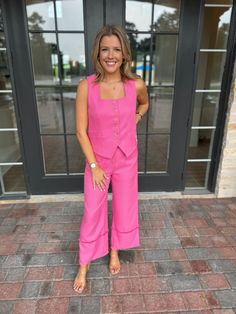 Adorable pink high waisted wide leg pants with a hidden zipper and clasp. Model is 5'4" with a 28" waist, 34" bust, and 35" hips wearing a small. Pink High-waisted Wide Leg Summer Pants, Pink Straight Leg Pantsuit For Spring, Pink Fitted Pantsuit For Spring, Pink High Waist Wide Leg Pants For Summer, Pink High-waisted Wide Leg Pants For Day Out, High Waist Pink Wide Leg Pants For Summer, Pink High-waisted Pantsuit For Work, Pink High Waist Pantsuit For Work, Fitted Wide Leg Pink Pantsuit