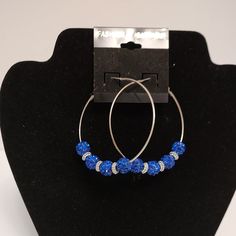 Handmade Medium Hoops With Dark Blue Beads And Silver Spacers In Between. Never Worn. Blue Beaded Metal Hoop Earrings, Blue Metal Beaded Earrings For Party, Blue Hoop Earrings For Party, Blue Metal Hoop Earrings, Blue Nickel-free Hoop Earrings For Party, Blue Earrings With Silver Beads, Party Hoop Jewelry With Faceted Beads, Earrings Color, Silver Hoops