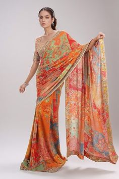 Multi colored saree with floral and paisley prints, highlighted with sequins and embroidered border. Comes with embroidered blouse. - Aza Fashions Floral Print Sarees, Print Saree, Tarun Tahiliani, Embroidered Border, Saree With Blouse, Printed Sarees, Embroidered Blouse, Sarees Online, Aza Fashion