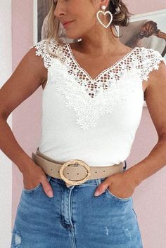 White Lace Splicing Slim-fit V Neck Tank Top Chic Summer Tops With Splicing, White Spliced V-neck Tops, White Lace Bodysuit, Bodysuit White, Lace Trim Top, Lace Splicing, V Neck Tank Top, White Bodysuit, Lace Fashion