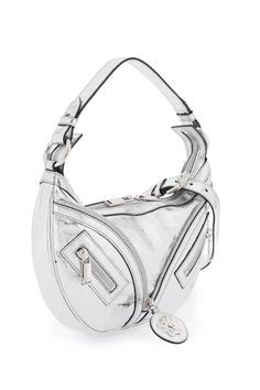 Get ready to turn heads with this stunning leather shoulder bag. Crafted from high-quality metallic leather, this bag features a stylish front zip and a striking Medusa charm for a touch of luxury. The two-way zipper closure and internal zippered pocket keep your essentials secure, while the removable handle and adjustable shoulder strap offer versatile carrying options. Complete with silver-tone metal hardware and a durable canvas lining, this shoulder bag is as practical as it is fashionable. Leather Shoulder Handbags, Leather Cap, Leather Hobo, Roberto Cavalli, Metallic Leather, Handbag Backpack, Hobo Bag, Shoulder Handbags, Watch Design