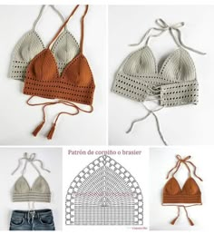 crocheted bras are shown in three different colors and sizes, including one for the