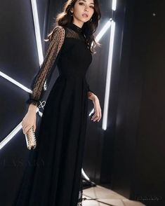 Lasaky - Sophisticated Black Long-Sleeve Evening Dress for Hosting Events A-line Maxi Dress For Fall Dinner, Evening A-line Dress With Lace Sleeves, Elegant A-line Evening Dress For Winter, Black Long Sleeve Banquet Dress, Black Long Sleeve Dress For Banquet, Fall A-line Maxi Dress For Night Out, Dressy Long Sleeve Banquet Dress, Dressy Long Sleeve Evening Dress For Cocktail, Dressy Long Sleeve Cocktail Evening Dress