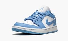 The Air Jordan 1 Low “UNC” is the low-top version of Michael Jordan’s first signature shoe that sports the team uniform colors of the North Carolina Tar Heels.  Both sneaker fans and collectors routinely rank the “UNC” color scheme as one of the greatest looks in Air Jordan history.  This Spring 2020 release features a white leather mid-panel and toe.  Baby blue leather overlays on the forefoot, mid-foot, and heel provide contrasting against the neutral base.  A University Blue leather Swoosh is Unc Shoes, Air Jordan 1 Low Unc, Jordan 1 Low Unc, Vapour Max Nike, Nike Sacai, Nike Air Jordan 1 Low, Womens Air Jordans, North Carolina Tar Heels, Womens Jordans