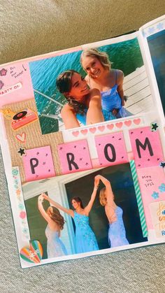 an open scrapbook with pictures of two women and the word prom written on it