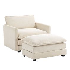 a white chair and footstool sitting next to each other on a white background