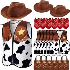 cowboy hats, vests and other accessories are shown