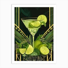 a painting of two limes in a martini glass on a green and gold background