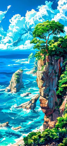 a painting of the ocean with rocks and trees on it's cliff face, surrounded by blue water