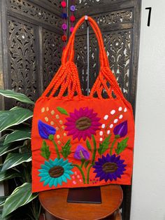 "Artisanal Handwoven Mexican Floral Tote Bag, great for your Beach or Boho look. Eco-friendly, super handy for groceries or to carry your books. Overview *Thread material *approximate measurements: 15\" tall x 16\" wide Care *hand wipe only *delicate care Please email me your questions before buying. All of my items come from a smoke and pet free environment. I WILL BE PROCESS YOUR ORDER IN 1-2 DAYS. If you need the item expressed shipped please contact me to request it and the listing will be a Embroidered Shoulder Beach Bag For Daily Use, Embroidered Rectangular Beach Bag, Embroidered Rectangular Beach Bag For Daily Use, Rectangular Embroidered Beach Bag, Woven Pouch Beach Bag, Traditional Rectangular Bag With Handles, Woven Pouch Beach Bag For Daily Use, Daily Use Woven Pouch Beach Bag, Woven Pouch Hobo Bag For Daily Use