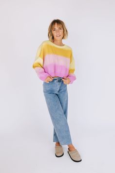 Don't make any commitments in the stylish No Promises Sweater. This crop fit, long sleeve top is sure to turn heads with its eye-catching orange and pink ombre. You'll never be tied down to just one look! Details Knit material Crop fit Drop shoulder Long sleeve Round neckline Sizing Approximate measurements: SIZE LENGTH BUST Small 18.5” 50” Medium 19” 53” Large 20” 54” Fabric has stretch Model is 5’8” wearing small Material 98% Acrylic 2% Nylon Hand wash in cold water with similar colorsNo soaki Pink Cropped Sweater For Spring, Casual Pink Cropped Sweater, Pink Cropped Crop Top For Fall, Pink Crew Neck Crop Top For Fall, Fall Pink Crew Neck Crop Top, Trendy Gradient Color Tops For Spring, Casual Multicolor Crop Top For Fall, No Promises, Orange And Pink