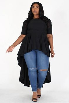 PLUS Empire waist hi lo top PLUS SIZE Empire waist hi-low top with bow detail and ruffle trim. Hi Low Shirt Outfit, Outfits For Big Belly Women, Plus Size Silhouette, High Low Peplum Top, Fancy Wardrobe, Empire Waist Top, Goth Wardrobe, Racing Fashion, Empire Waist Tops