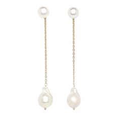 A medium-size freshwater pearl attached to a gold-dipped chain drop earring with a freshwater pearl.- Each item is handmade and unique, may have slight variations - Can be worn as a drop earring or as a stud earring. - Available as a single earring or pair. - Please allow 3-5 days for items to ship Classic Drop Earrings With Pearl Chain, Dangle Pearl Earrings With Adjustable Chain, Baroque Pearl Teardrop Earrings With Pearl Chain, Dangle Earrings With Baroque Pearl Chain, Yellow Gold Teardrop Earrings With Pearl Chain, Yellow Gold Pearl Chain Teardrop Earrings, Dainty Long Drop Linear Earrings With Pearl Drop, Minimalist Long Drop Pearl Chain Earrings, Minimalist Long Drop Earrings With Pearl Chain