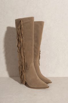 Oasis Society Out West Knee-High Fringe Boots Bohemian Suede Boots With Tassels, Bohemian Knee-high Boots For Fall, Western Boots With Tassels For Fall, Brown Tasseled Boots For Festivals, Western Style Boots With Tassels For Fall, Bohemian Suede Boots With Fringe, Western Fringe Boots For Fall, Bohemian Suede Fringe Boots, Bohemian Style Fringe Suede Boots