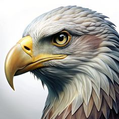 an eagle's head with yellow eyes and brown beak is shown in this artistic painting