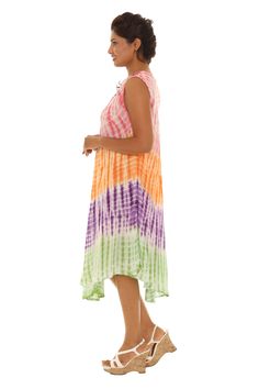 Enhance your wardrobe and lend a boho-chic vibe to your ensemble with this multicolor tie-dye shift dress boasting a breezy design. Woven 100% rayon Machine wash Casual Multicolor Knee-length Sundress, Multicolor Beachwear Midi Dress As Beach Cover-up, Flowy Multicolor Summer Midi Dress, Flowy Multicolor Midi Dress For Summer, Summer Flowy Multicolor Midi Dress, Casual Flowy Tie-dye Dress, Casual Multicolor V-neck Boho Dress, Casual Flowy Tie Dye Dress, Casual Multicolor Flowy Boho Dress