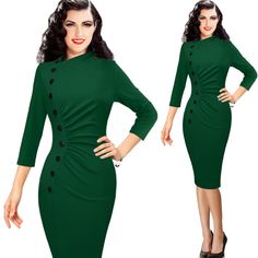 FREE SHIPPING Womens Vintage Pinup Retro Button Ruched Pleated Dress JKP3200 Fitted Bodycon Dress With Buttons For Work, Solid Stretch Dresses With Buttons, Stretch Solid Color Dresses With Buttons, Stretch Solid Dresses With Buttons, Fitted Knee-length Bodycon Dress With Buttons, Fitted Bodycon Dress With Buttons, Fitted Midi Dress With Buttons For Fall, Fitted Fall Midi Dress With Buttons, Fall Bodycon Dress With Buttons