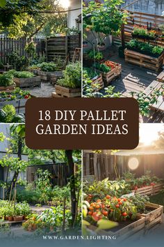 a collage of pictures of a garden with a variety of plants Fence With Planter Boxes, Pallet Fence, Vertical Gardens, Pallet Garden