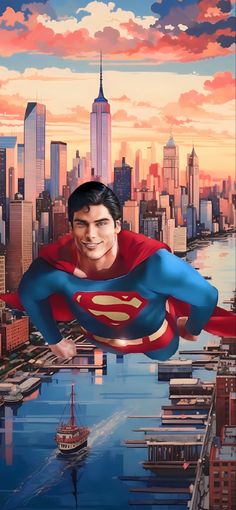 a man flying through the air while wearing a superman suit in front of a cityscape