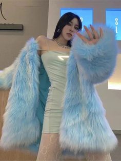 Tavimart Super Hot Women's Winter Fluffy Jacket Coats Elegant Blue Faux Fur Coats Female Long Sleeve Thick Warm Outerwears Lady Oversize Blue Fluffy Jacket, Winter Coat Elegant, Blue Faux Fur Coat, Fur Outfit, Faux Coat, Sheer Swimsuit, Vetements Clothing, Fluffy Jacket, Faux Fur Coats