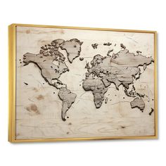 a wooden world map hanging on a wall in front of a white background with gold trim