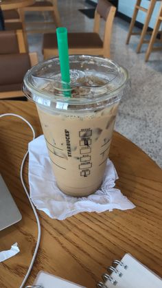 a cup of coffee sitting on top of a wooden table