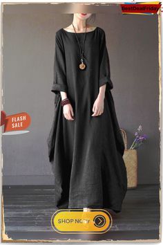 Vintage Solid 3/4 Sleeve Loose Maxi Women‘s Dress Casual Half Sleeve Maxi Dress For Fall, Elegant 3/4 Sleeve Dress With Pockets, Elegant Dress With Pockets And 3/4 Sleeves, Elegant Dress With 3/4 Sleeves And Pockets, Elegant Dresses With Pockets And 3/4 Sleeves, Black Long Sleeve Maxi Dress With Pockets, Casual 3/4 Length Maxi Dress, Casual Midi Dress With 3/4 Sleeves And Pockets, Casual Midi Dress With Pockets And 3/4 Sleeves